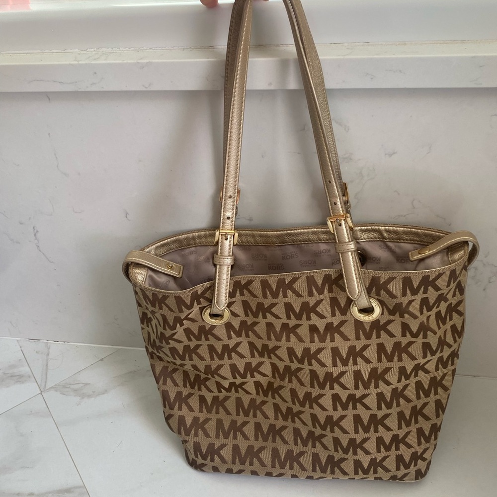 Michael Kors Brown and Gold Tote Bag with Signature MK Design - Picture 7 of 16